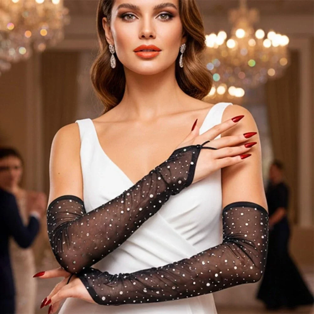 CASDRE Women's Black Rhinestone Sparkly Long Mesh Fingerless Gloves - NWT
